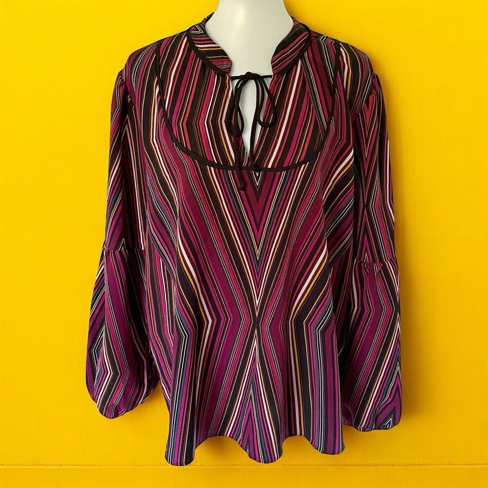 Maurices Striped Diamond Peasant Blouse Womens V Tie Neck Pullover Balloon 16/18